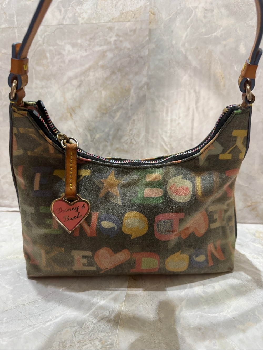 Dooney & Bourke Multicolor Letter-Print Canvas Shoulder Bag with Tan Trim